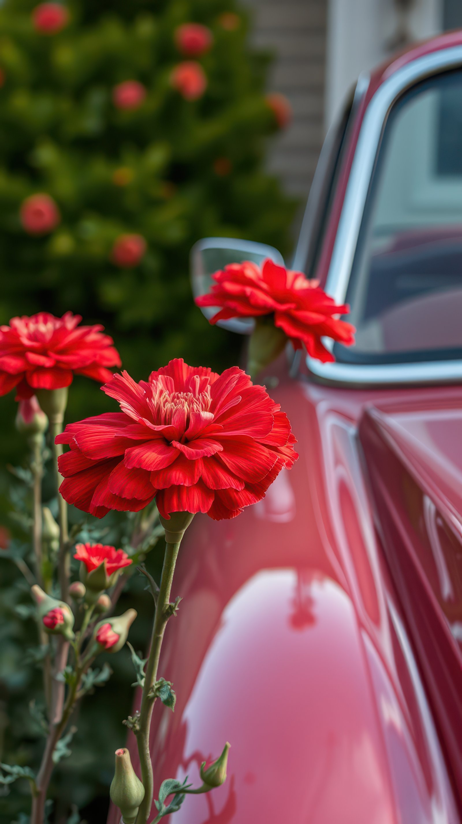 Red flowers bloom beside a vintage car in a suburban setting during late afternoon